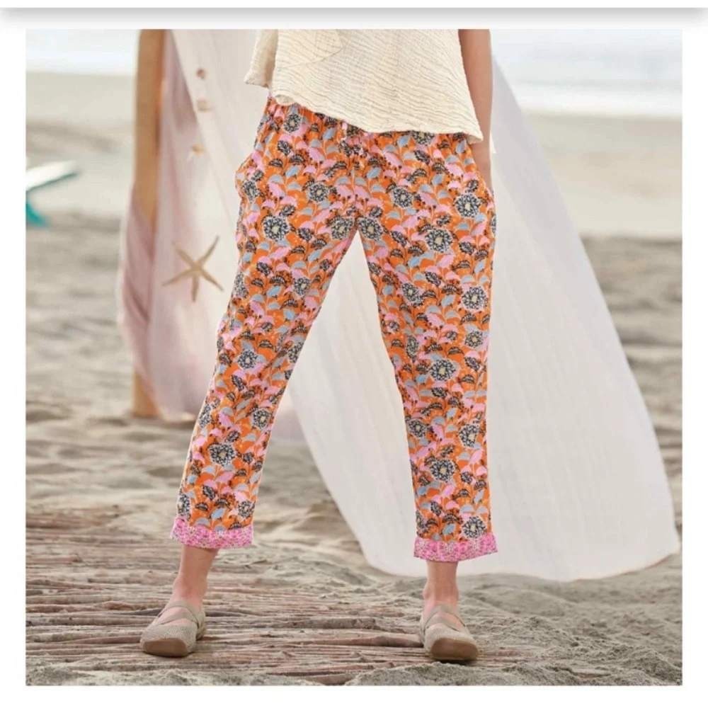 Sundance Leia Cotton Ankle Pants Mixed Floral Print Large Orange Pink